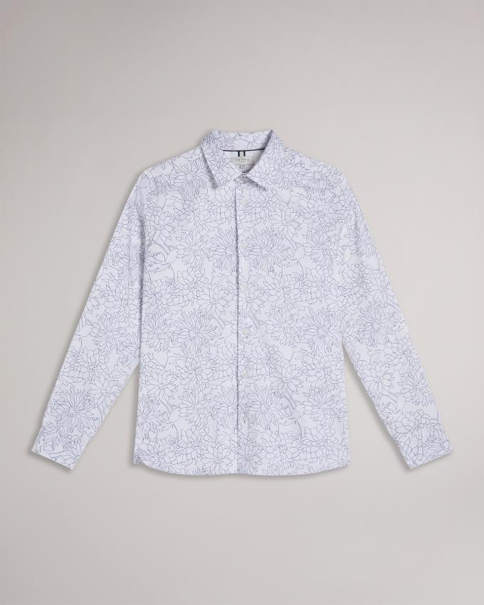 Chemises Ted Baker Long Sleeve Floral Outline Print Blanche Homme | XWX-51867242